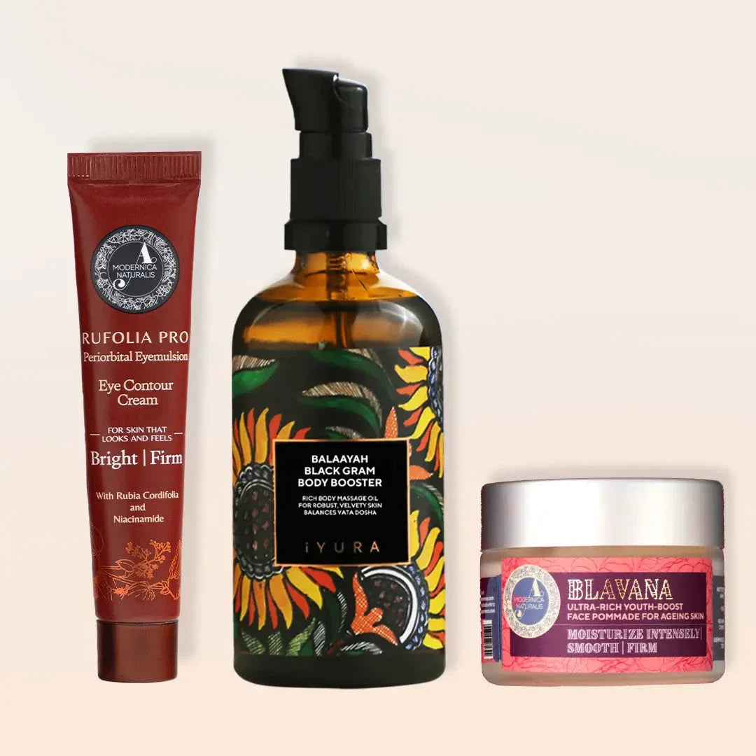 Beauty Essentials Kit - With a skin-firming body oil, around-the-eye skin firming cream and an age-defying face moisturizer with Pro Beauty set The Ayurveda Experience