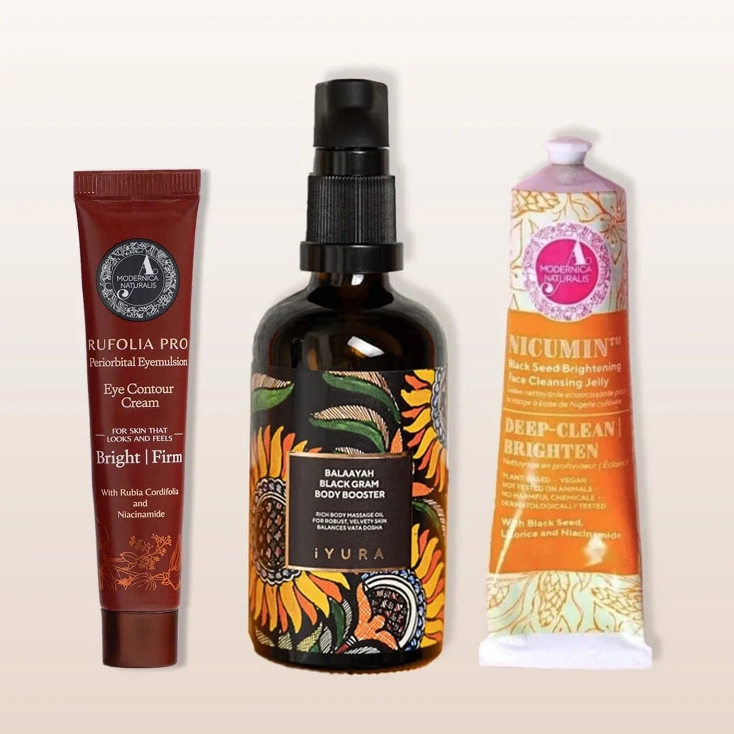 Brightening and Firming Bestsellers Bundle - With a skin-firming body oil, around-the-eye skin firming cream and a skin-brightening face wash with Pro Beauty set The Ayurveda Experience