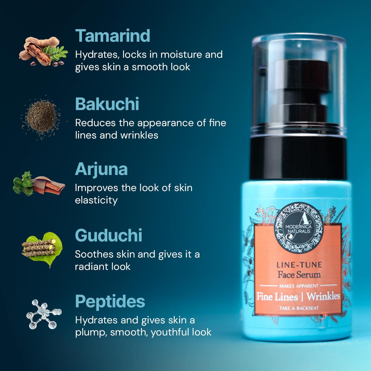 Line-Tune Face Serum – Reduces the Appearance of Fine Lines & Wrinkles – Hydrating Formula with Tamarind, Bakuchi, Arjuna, Guduchi & Peptides – Best Face Serum for Aging Skin with Fine Lines & Wrinkles – With Clinically Tested Ingredient Combinations Face Serum A Modernica Naturalis