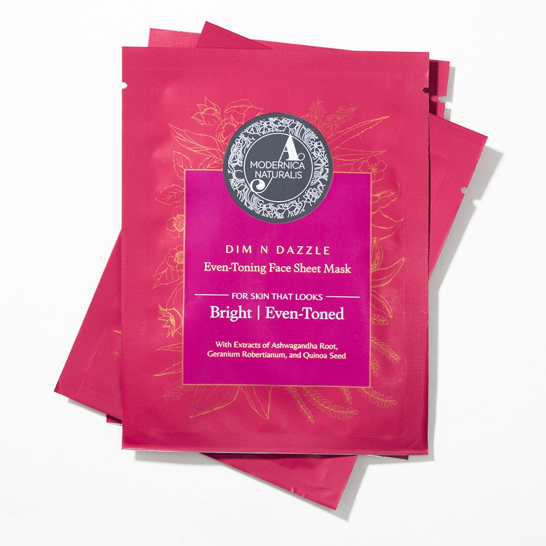 Dim N Dazzle Even-Toning Face Sheet Mask – Brightens, Hydrates Dull, Dry, Aging Textured Skin - Unique ‘Serum-Drench Method’ with Sappan Wood Bark &amp; Manjistha – Best Banana Fiber Sheet Mask for Glowing, Glass-Like Skin Face Mask A Modernica Naturalis 