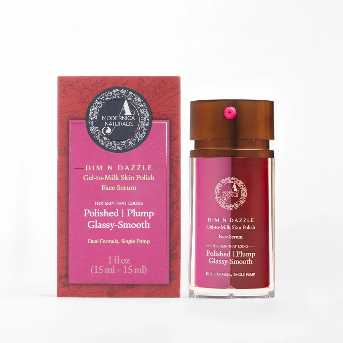 Dim N Dazzle Gel-to-Milk Skin Polish Face Serum – Even-tones and Plumps for Glassy, Polished looking skin – Enriched with Banafsha and Western Dock Plant – Best Double Serum for Polished, Plumped, Glassy-Smooth Skin Serum A Modernica Naturalis 