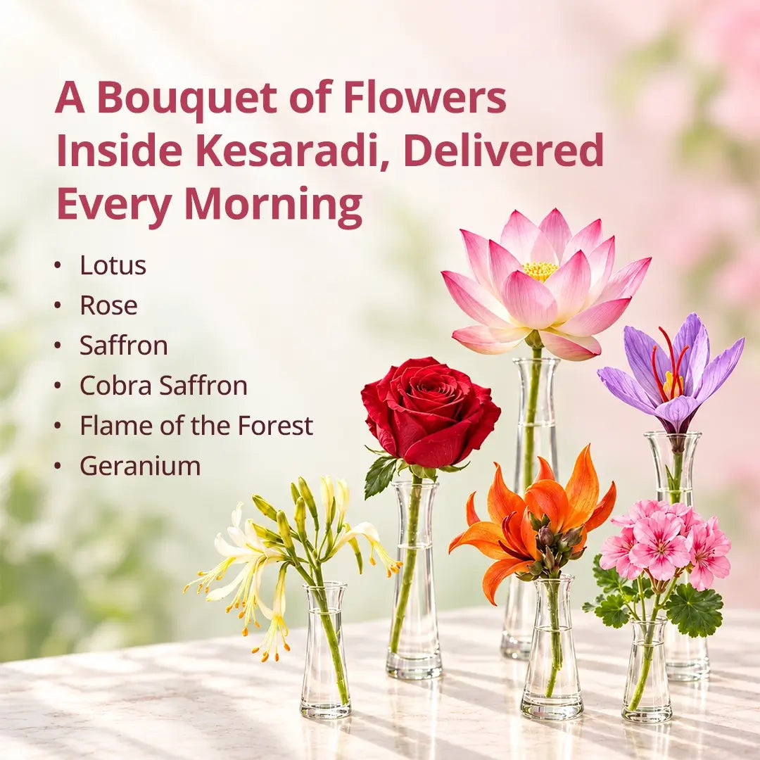 A Bouquet of Flowers Inside Kesaradi — Rose, Lotus, Saffron, Cobra Saffron, Flame of the Forest, Geranium